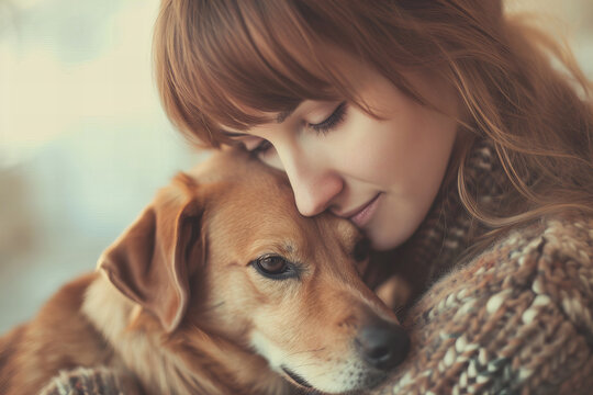 
Sincere, candid portrait of a young woman cuddling her pet dog. Warm pastel colors. Cozy atmosphere
