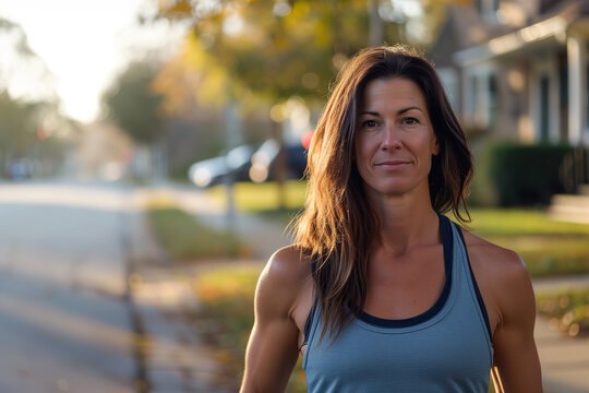Determined Woman in Fitness Attire in Suburban Neighborhood