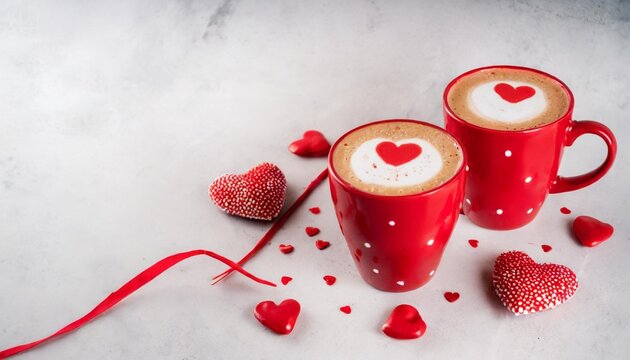 red valentine coffee latte cups with heart decorations