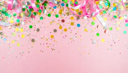 colorful confetti and sparkles on pink pastel trendy background festive frame holiday backdrop flat lay copy space
