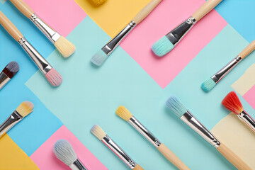 Paint brushes, paints , fine art tools pattern isolated on pastel  background