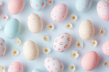 Fototapeta na wymiar Top view pattern of perfect Easter eggs with on a pastel blue background with white flowers