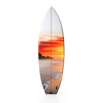 surf board with beach photography on it