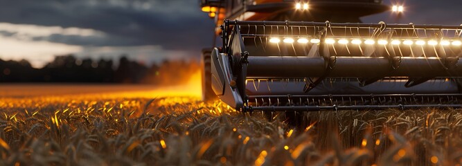 Close-up of a Large Harvesting Machine with Illuminated Lights, Working on a Wheat Field at Night - obrazy, fototapety, plakaty