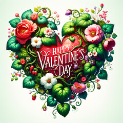 A Valentine's Day poster with a heart-shaped vine, lush leaves, and vibrant flowers for a romantic theme.