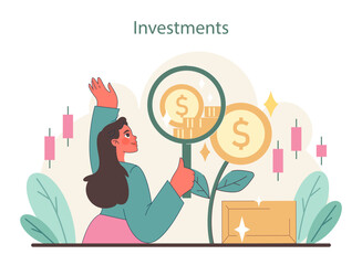 Investments concept. Charting growth through savvy investment choices. Celebrating financial gains and market understanding. Flat vector illustration.