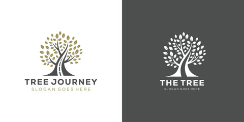 Creative Oak Tree Journey Logo. Plant, Tree, Leaf Way, Road with Modern Style. Tree Logo Icon Symbol Vector Design Template. - obrazy, fototapety, plakaty