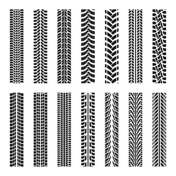 Set of car tire tracks. Tire treads, silhouette of tread marks for cars and vehicles. Vector illustration.