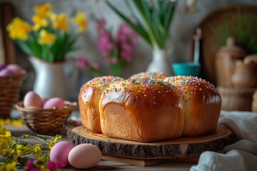 Obraz na płótnie Canvas Decorated yeast bread (bun) with spring bouquets and vibrant eggs on wooden table in kitchen. Happy Easter!