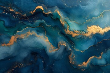 Green, Blue, and Gold Abstract Painting in Fluid Ink Style, Detailed Backgrounds, Dark Azure and Black, Pouring Technique, Resin Finish