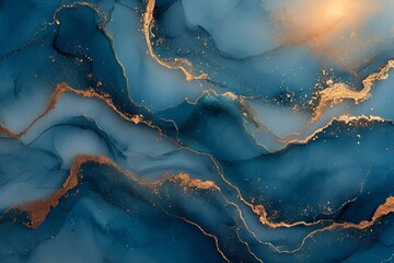Green, Blue, and Gold Abstract Painting in Fluid Ink Style, Detailed Backgrounds, Dark Azure and...