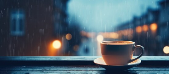 Rainy weather, cup of drink on windowsill with space for text.
