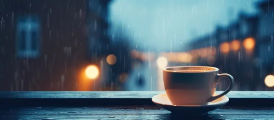 Foto op Plexiglas Rainy weather, cup of drink on windowsill with space for text. © TheWaterMeloonProjec