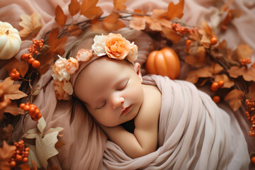 Obraz na płótnie Canvas Autumn newborn baby shot, happy and smiling newborn baby, autumn inspired 