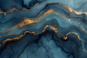 Fototapeta premium Green, Blue, and Gold Abstract Painting in Fluid Ink Style, Detailed Backgrounds, Dark Azure and Black, Pouring Technique, Resin Finish