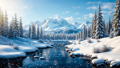 Tranquil Winter Landscape with Snowy Mountains and Frozen Water