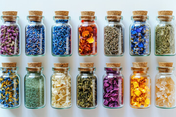 glass jars full of herbs and flowers, botanical arrangement 