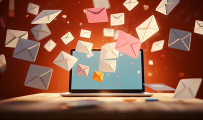 email clutter and spam concept with envelopes fliying above laptop computer