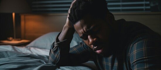 Black man with headache rubbing eyes after waking up, stressed on bed with painful face expression, feeling terrible hangover, weakness or depression. - obrazy, fototapety, plakaty