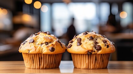 Homemade chocolate chip muffins on blurred background with copy space for text placement