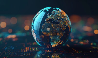 globe represents the global economic landscape. Various regions are highlighted, showcasing digital interconnected trade and commerce.  - obrazy, fototapety, plakaty