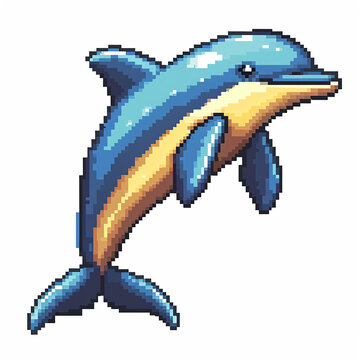 recommend clip art: A cool retro 8 bit game art style image of a dolphin on a white background