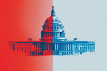 US Capitol with one half red and the other half blue, republicans vs democrats concept - obrazy, fototapety, plakaty