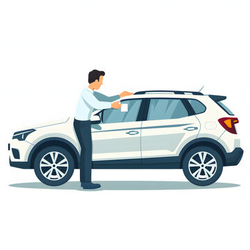 Person inspecting the exterior of a new car isolated on white background, flat design, png

