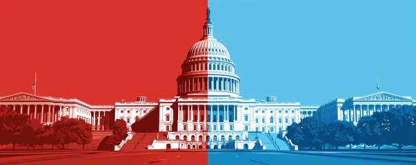 Papier Peint photo Half Dome US Capitol with one half red and the other half blue, republicans vs democrats concept