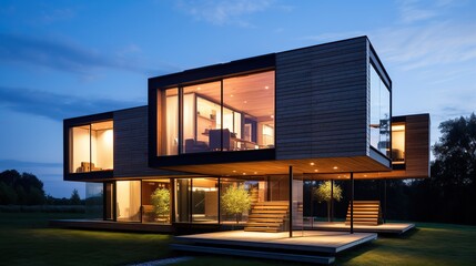 Modern design architecture, visualization of a modern style house. beautiful house, night view,