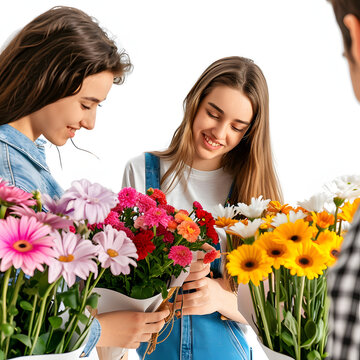 Individuals selecting flowers at a florist shop isolated on white background, photo, png
