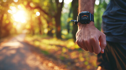 close-up of a runner's hand with a smartwatch showing a heart rate, with a blurred background of a sunlit forest path covered in leaves - Powered by Adobe