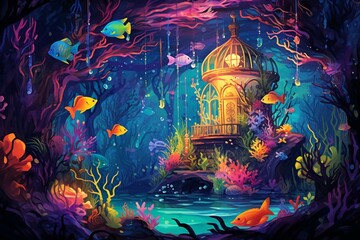Vibrant dreamlike illustration featuring a colorful magical fish tank in a child's imagination. Generative AI