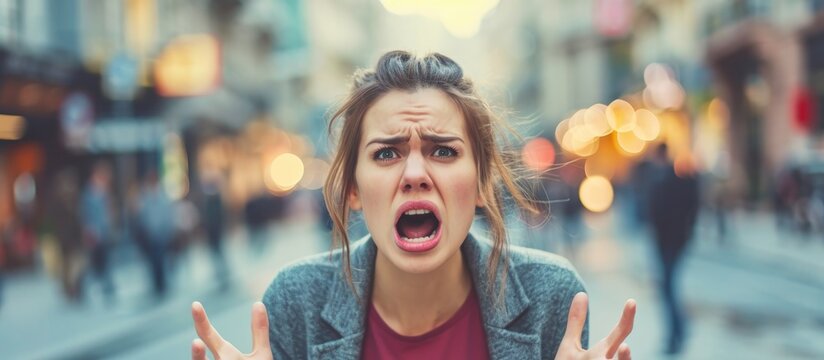 Anxious woman with TMJ disorder expresses displeasure in public.