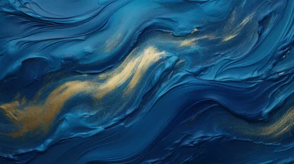 Poster Closeup of abstract rough blue, golden art painting, with oil brushstroke, pallet knife painting in waves and curves, texture © Gertrud