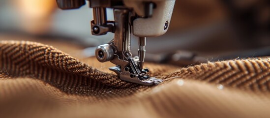 Close-up of sewing machine foot with motion blur as needle moves down, focused on foot below needle tip while sewing brown fabric.