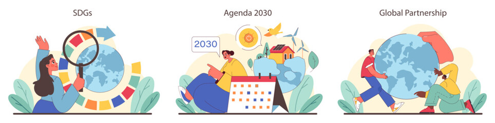 Global goals exploration, 2030 Agenda awareness, and partnership visuals set. Scrutiny of world objectives. Planning for a brighter future. United efforts for Earth's care. Flat vector illustration. - obrazy, fototapety, plakaty