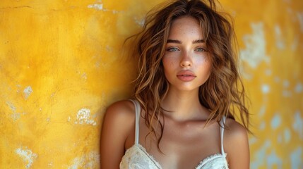 Portrait of a beautiful sexy girl in a white lingerie on a yellow background.
