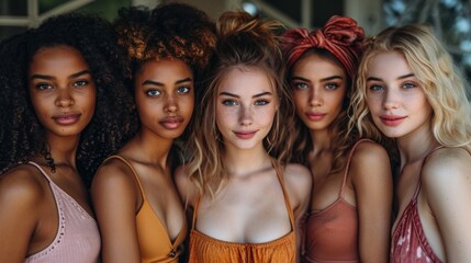 Obraz premium Group of beautiful young multiethnic five women with different hairstyle and makeup.