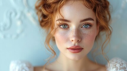 Beauty redhead girl with shiny wavy red hair . Beautiful woman model with curly hairstyle and white dress.