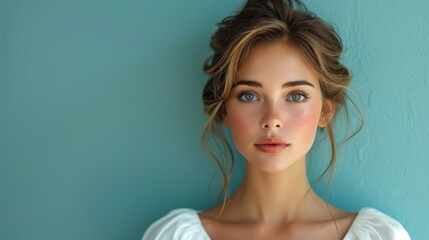 Portrait of beautiful young woman in white dress with blue eyes. - obrazy, fototapety, plakaty