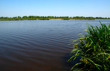 Landscape of a lake and blue sky reflected.
