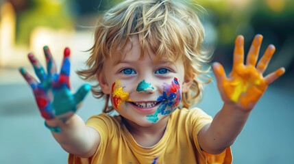 Happy kid with painted hands, Playing, Fun. Generative AI.