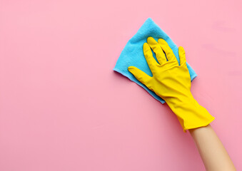 Hand in a yellow rubber glove holds a cleaning sponge and wipes a soapy foam on a background. Cleaning concept