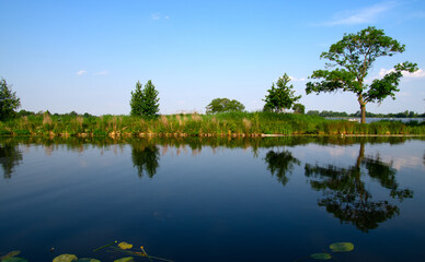 Landscape of a lake and blue sky reflected.