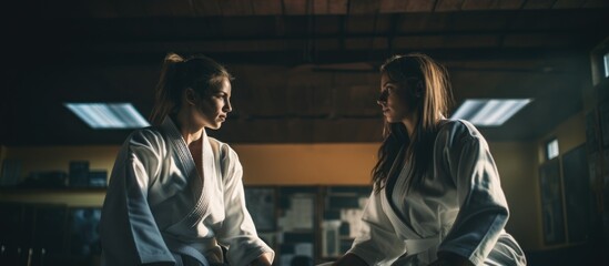 Two female judo practitioners train together in the gym. - Powered by Adobe