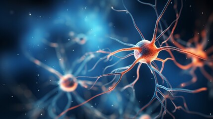 Detailed illustration of human brain and neuron cells with scientific conceptual background - obrazy, fototapety, plakaty