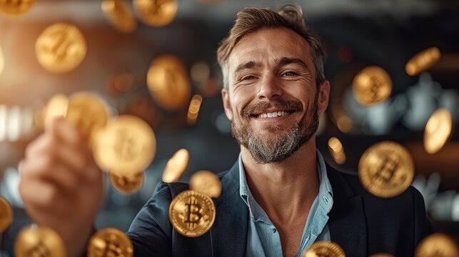 Portrait of a happy business man bitcoin coin A lot fell. Generative AI.