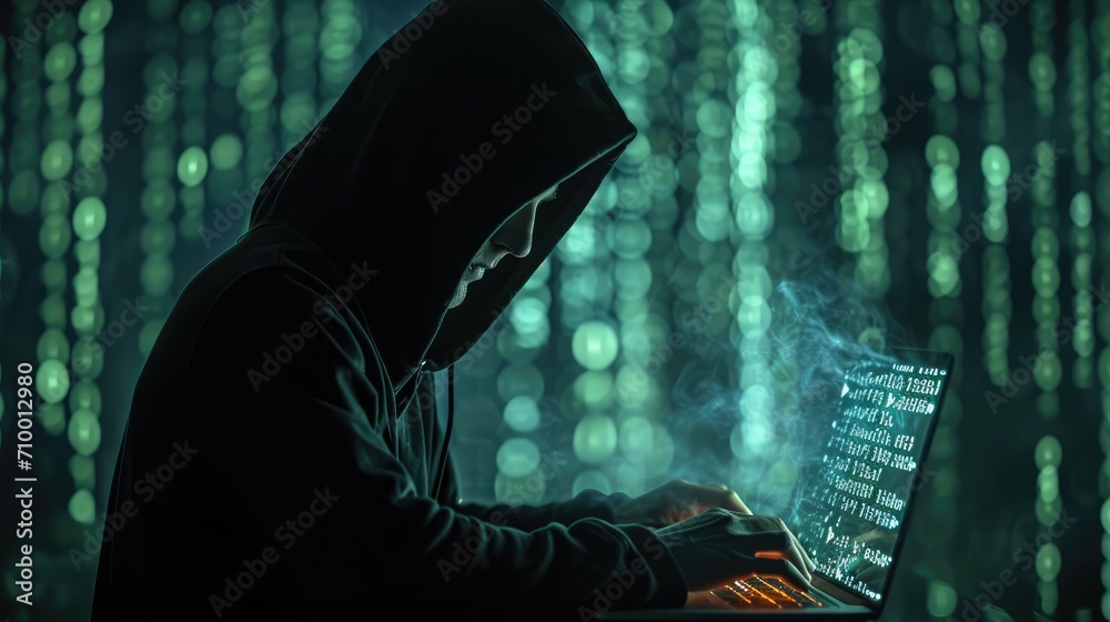 Poster Hacker wear black hoodie using laptop, Binary code digital background Double exposure. Generative AI.