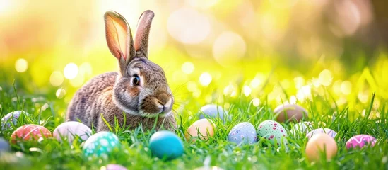 Foto op Plexiglas anti-reflex bunny hiding in the grass with eggs © JuJamal